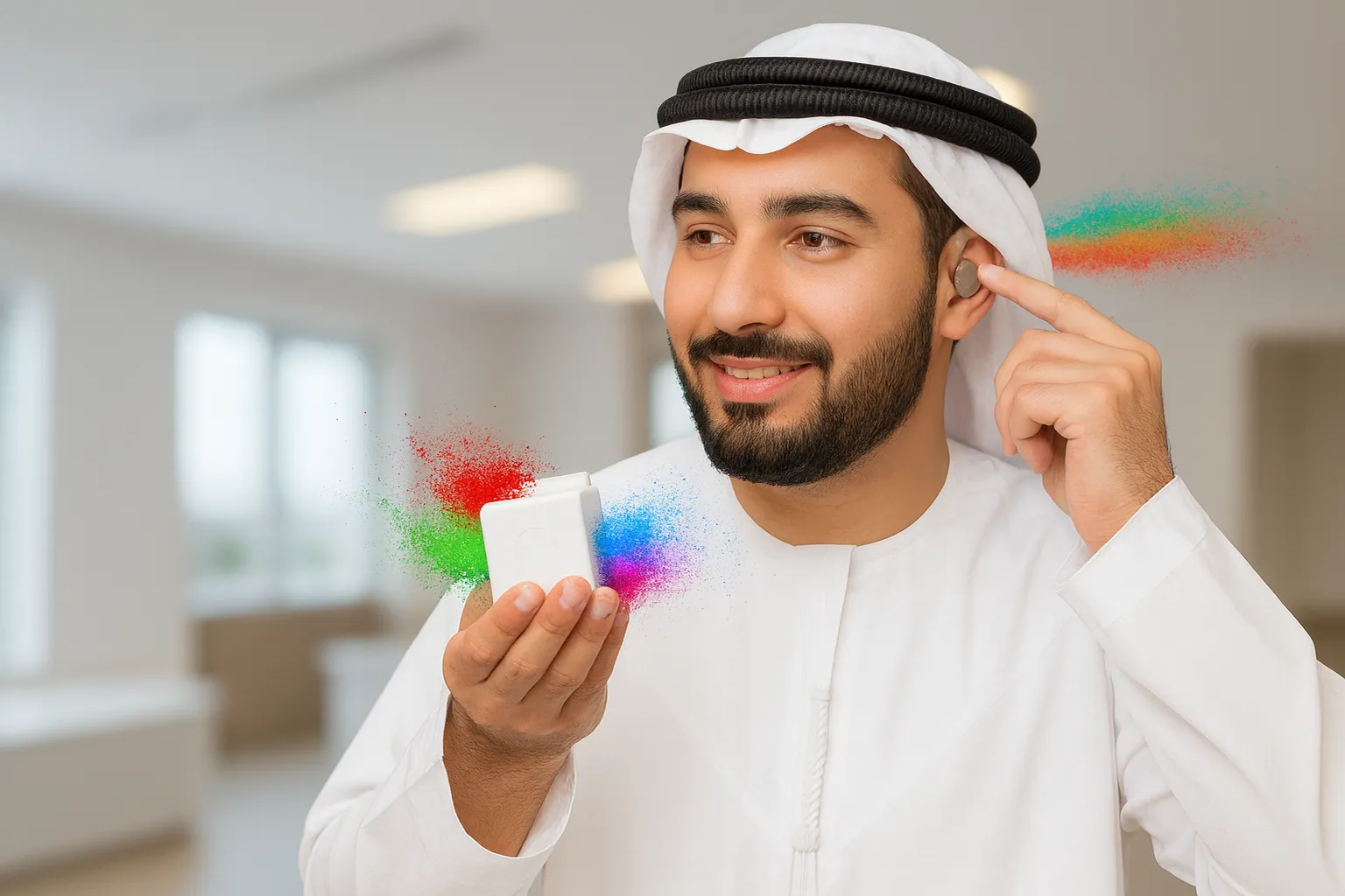 A man holding the Jenile Light Cube as bursts of red, green and blue light spread around it