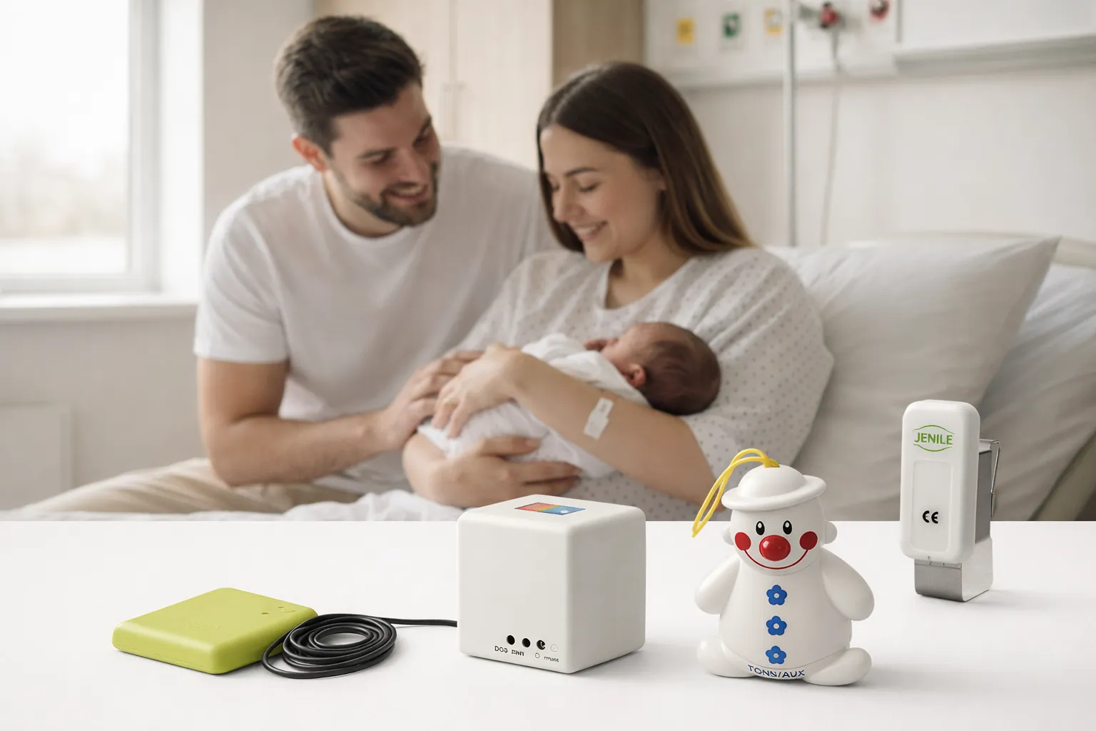 New parents holding their baby, with the Jenile maternity pack on the table