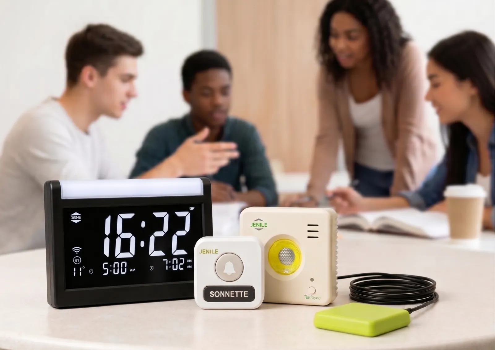 Students around a table with the Jenile alarm clock, Light Cube and vibrating pad