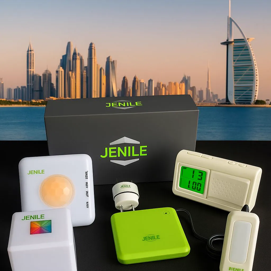 Jenile devices and their box in front of the Dubai skyline